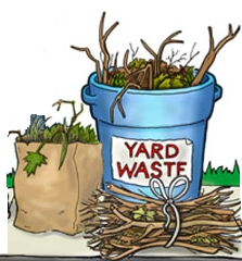 Clip art image of a blue trash can with sticks and yard waste written on the front