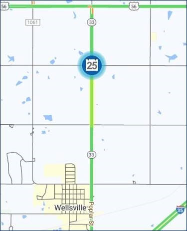 road map of highway K-33 outside of Wellsville, KS